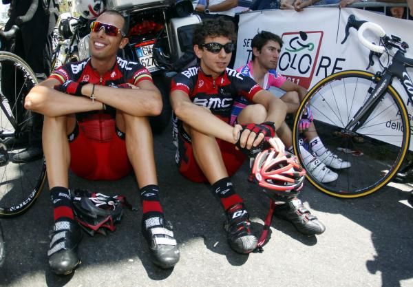 The BMC riders await the start