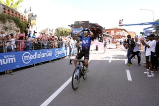 RAPOLANO TERME ITALY MAY 09 Stage winner Pelayo Sanchez of Spain and Movistar Team reacts after the 107th Giro dItalia 2024 Stage 6 a 180km stage from Viareggio to Rapolano terme 322m UCIWT on May 09 2024 in Rapolano terme Italy Photo by Fabio Ferrari PoolGetty Images