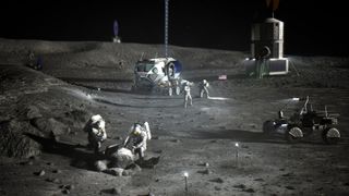 astronauts in spacesuits walk across the surface of the moon alongside lunar rovers