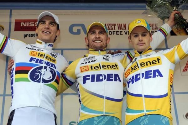 Telenet-Fidea riders sweep the GvA Oostmalle podium (l-r): Zdenek Stybar, 2nd; Bart Wellens, 1st; Kevin Pauwels, 3rd.