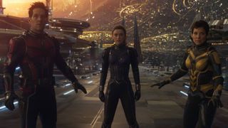 Scott and Hope protect Cassie as they meet Kang in Ant-Man and the Wasp: Quantumania