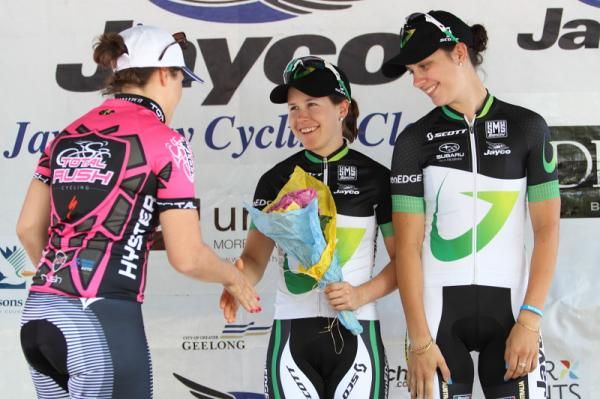 Chloe Hosking (Total Rush) congratulates Amanda Spratt on the podium