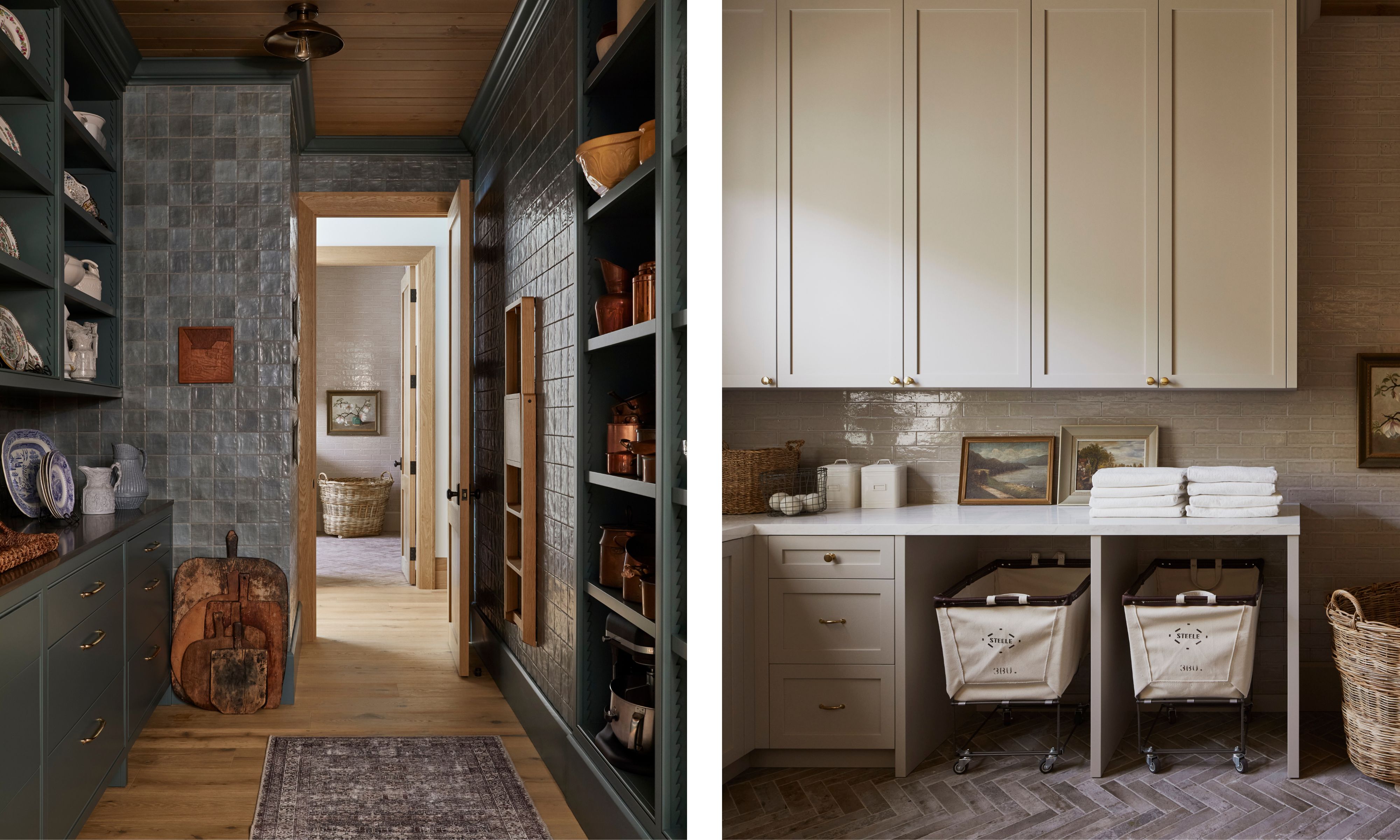 Left: A moody pantry with deep teal-green shelving, glossy grey wall tiles, and copper cookware. Right: functional laundry space with beige cabinetry, a marble folding counter, and canvas rolling laundry bins.