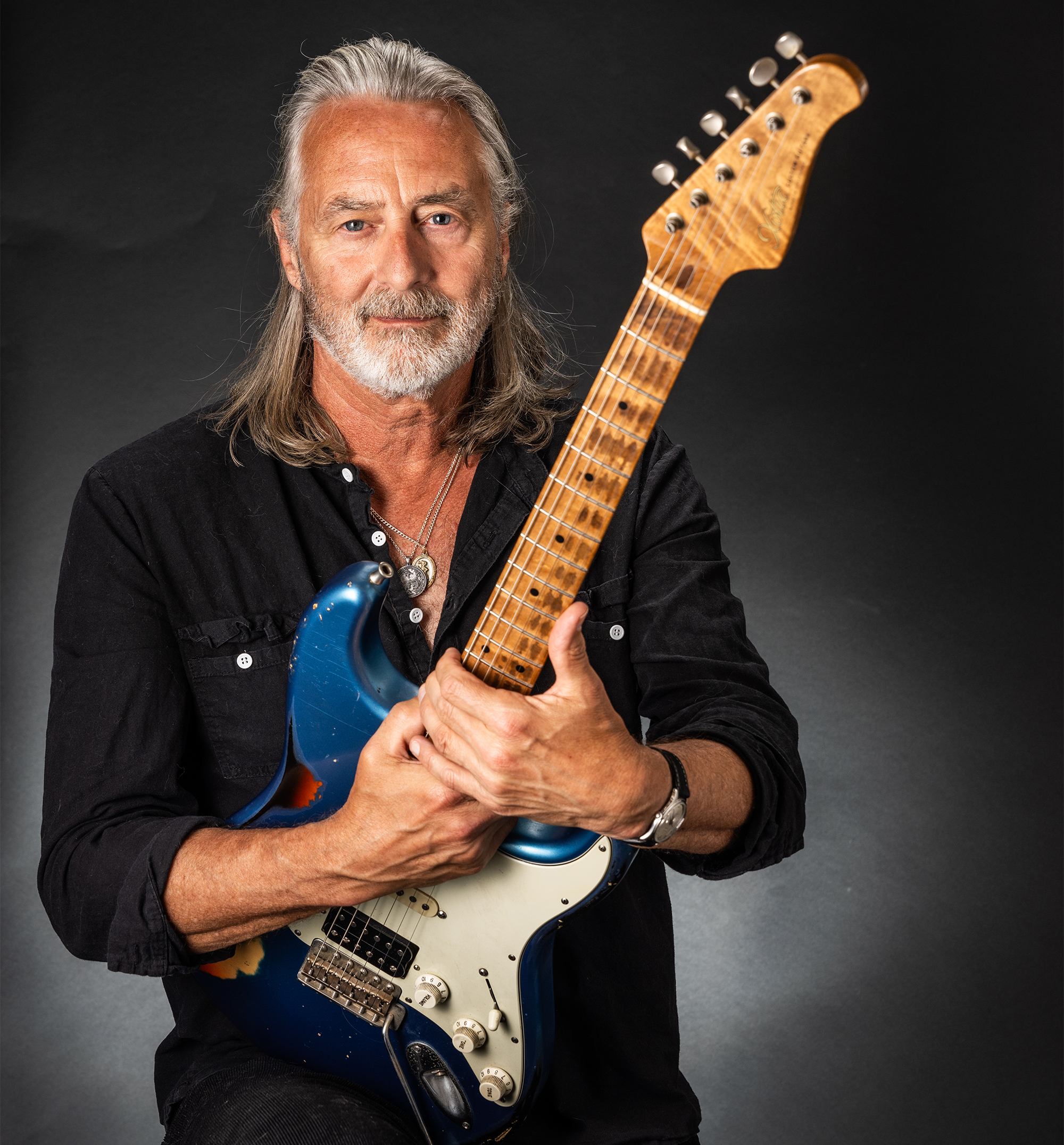 Allen Hinds photographed with his Xotic California Classic XSC-AH electric guitar