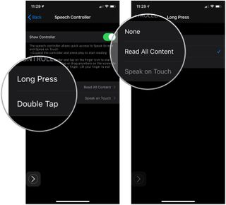 Enable Speech Controller, showing how to tap Long Press or Double Tap, then tap the None, Read All Content, or Speak on Touch options