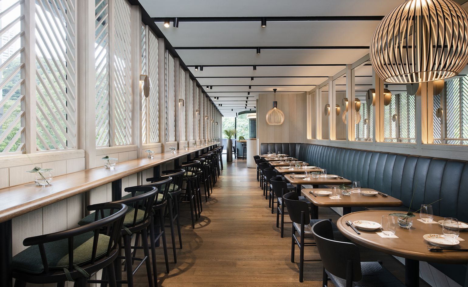 Wall and stool seating at Plum & Toro, Singapore