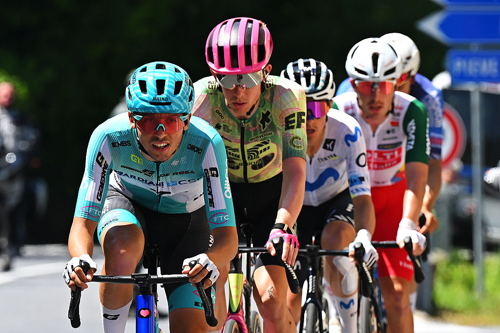 NOVI LIGURE, ITALY - MAY 21: Manuele Tarozzi of Italy and Team Bardiani CSF 7 Saber competes in the breakaway during the 109th Giro d&amp;amp;apos;Italia 2026, Stage 12 a 175km stage from Imperia to Novi Ligure / #UCIWT / on May 21, 2026 in Novi Ligure, Italy. (Photo by Tim de Waele/Getty Images)