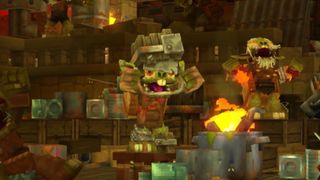A blocky buck-toothed monster cheers among his friends