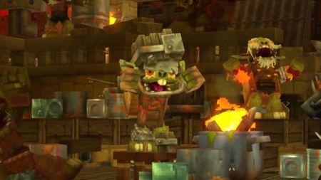 A blocky buck-toothed monster cheers among his friends