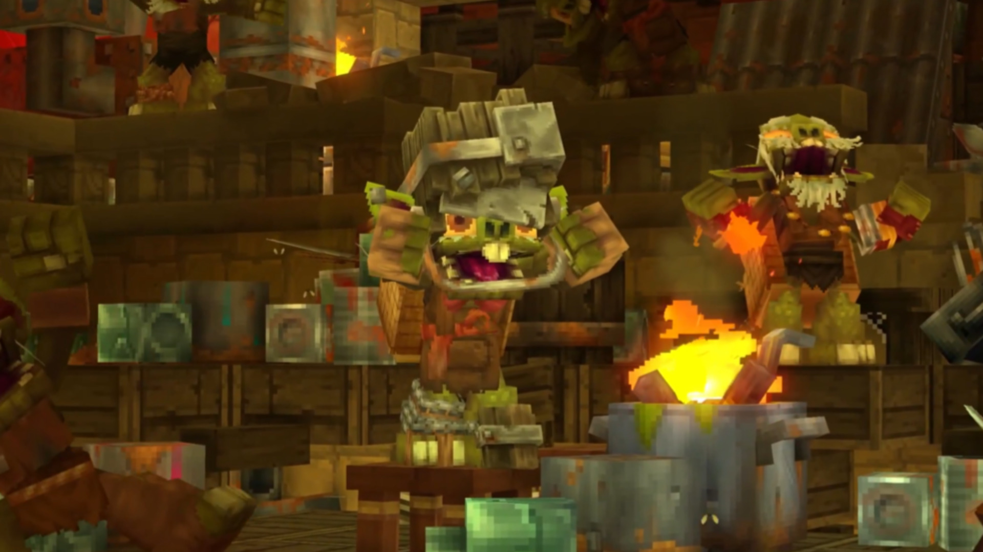 A blocky buck-toothed monster cheers among his friends