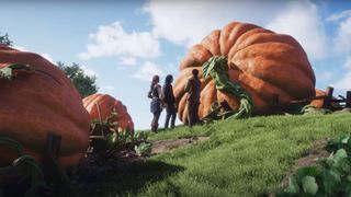 A hero and two locals gather around a giant orange pumpkin