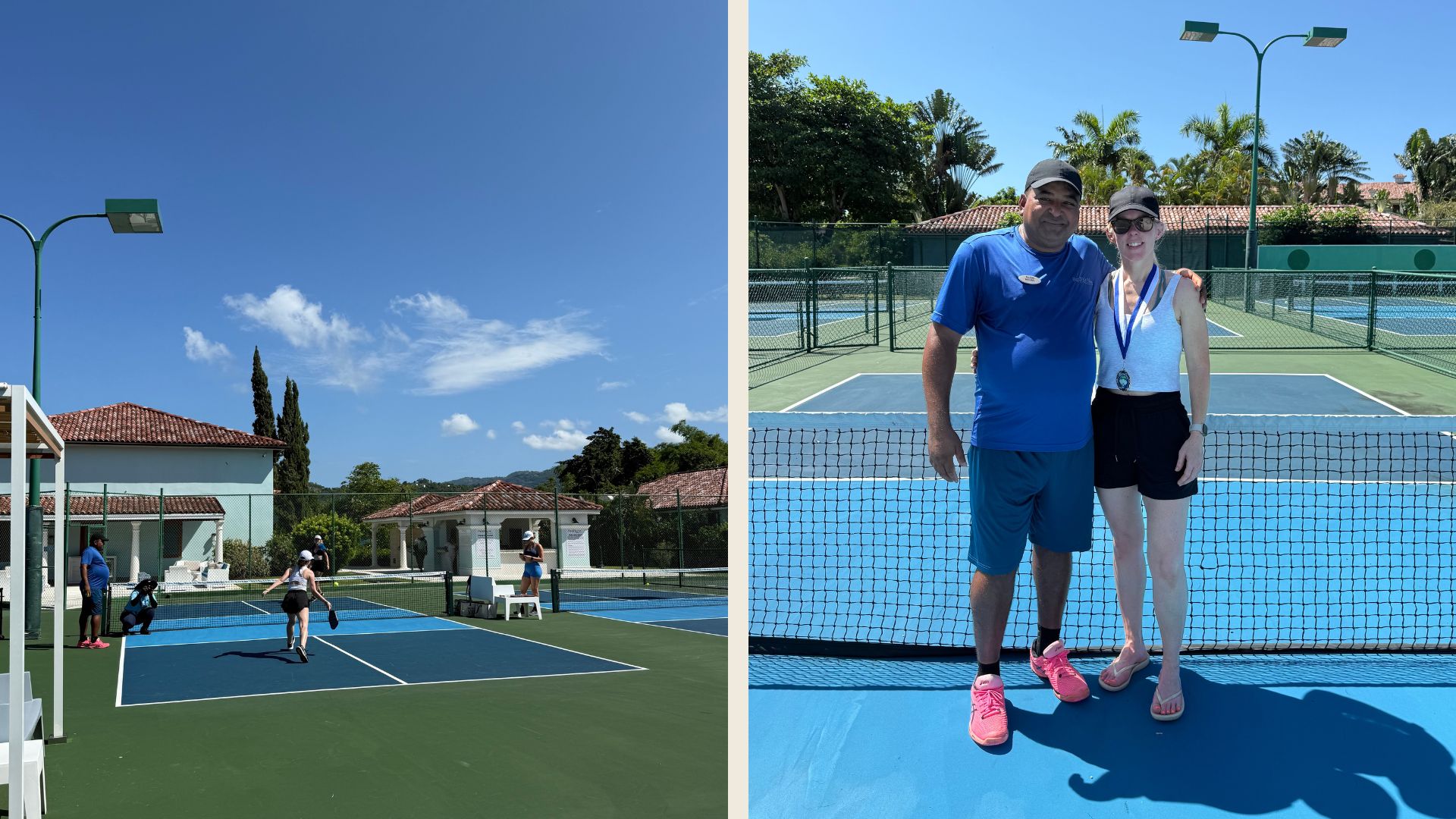 Pickleball court and man and woman posing for a photograph