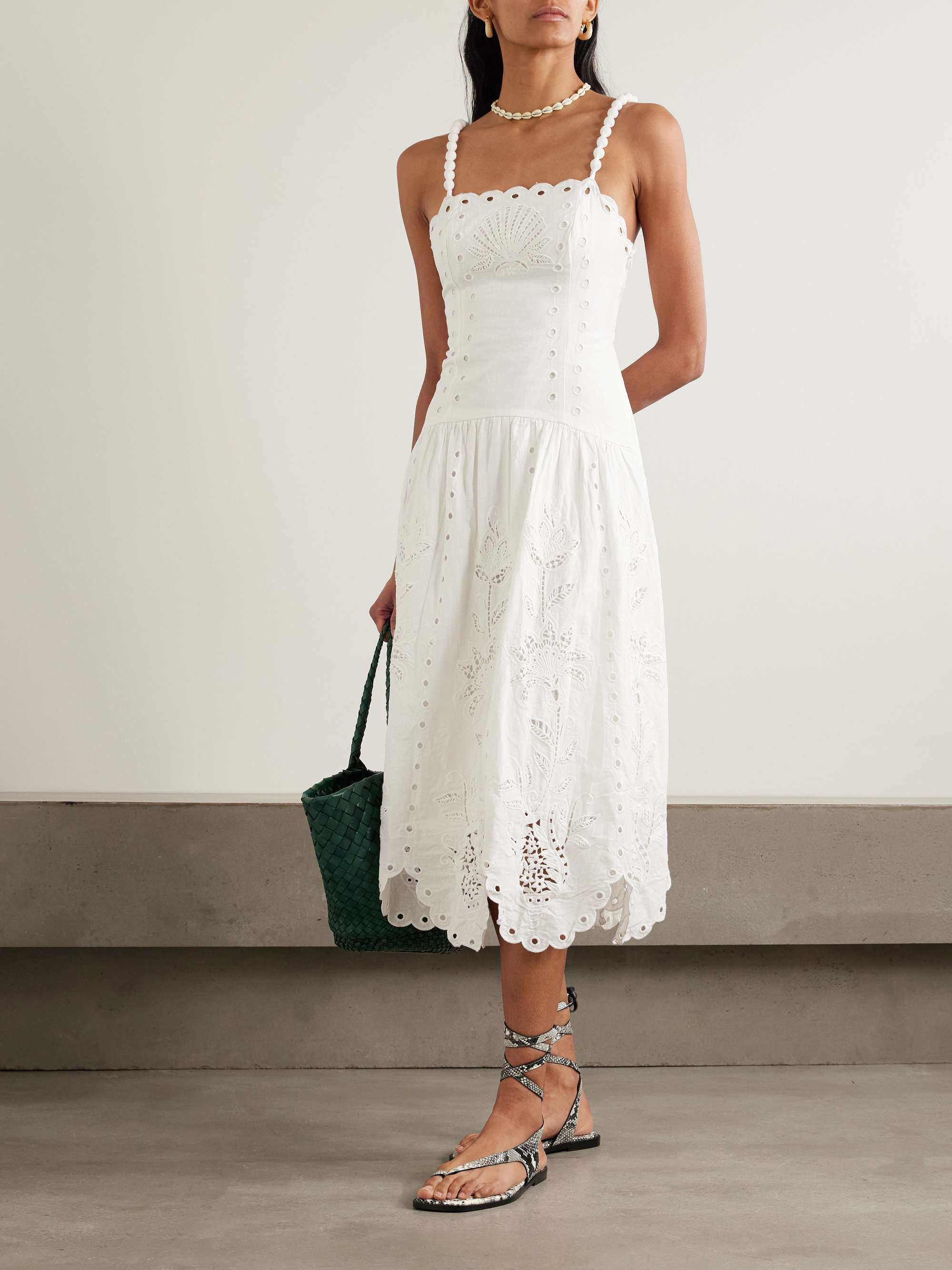 Richelieu Scalloped Gathered Broderie Anglaise Linen-Blend Midi Dress