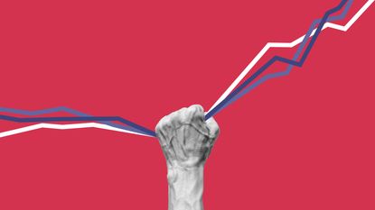 A man's hand grasps three graph lines going up as if stopping them from rising more.