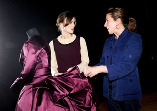 Keira Knightley and designer Jacqueline Durran are seen with the dress she wore in the film Anna Karenina, which goes on display in the Hollywood Costume exhibition at the V&A in London