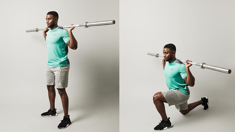Man demonstrates two positions of the lunge exercises holding an empty Olympic barbell across the back of his shoulders