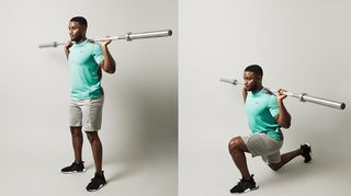 Man demonstrates two positions of the lunge exercises holding an empty Olympic barbell across the back of his shoulders