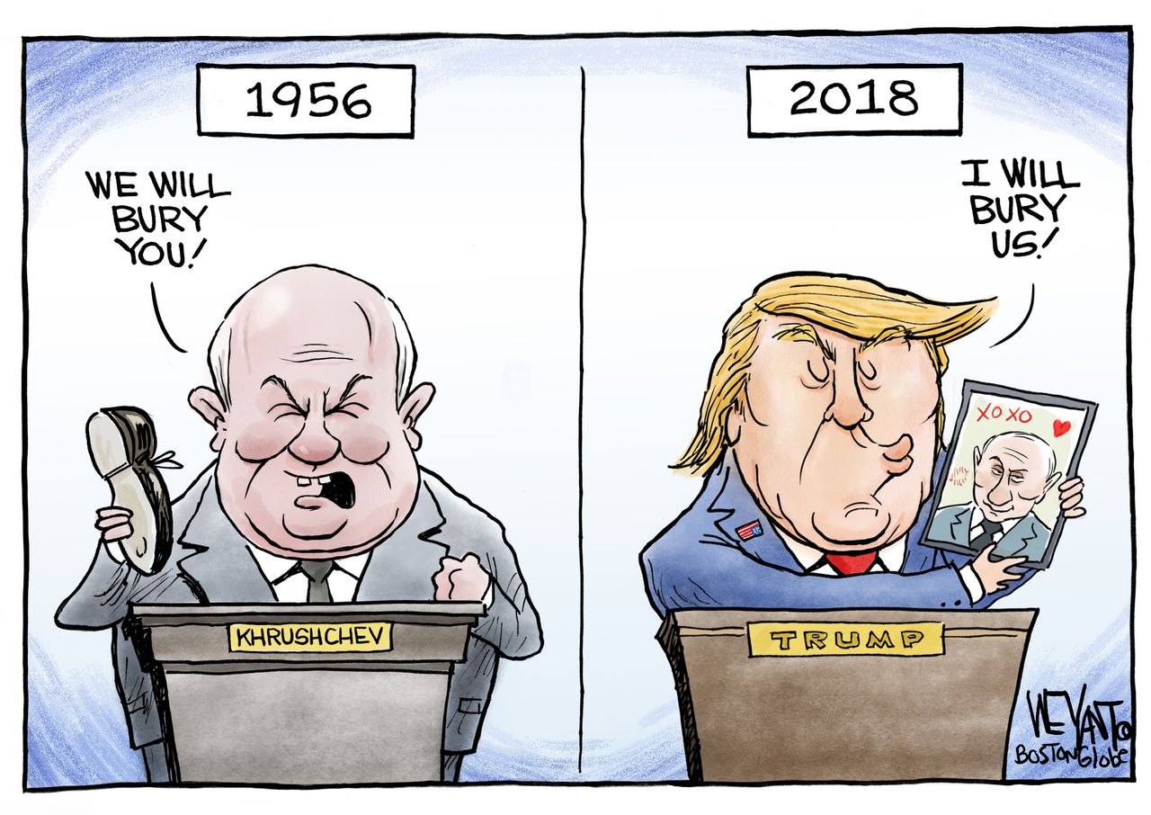 Political cartoon U.S. Trump Putin Helsinki summit Khrushchev