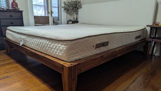 Plushbeds Botanical bliss mattress on a wooden bed frame in the middle of a bedroom