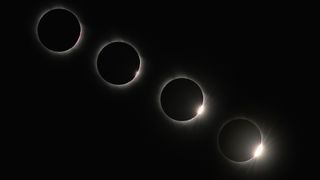 Solar eclipse in four stages (digital composite), low angle.