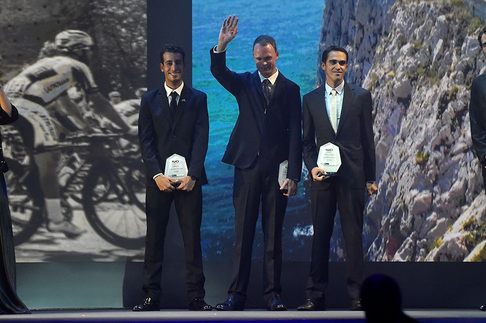 The three grand tour winners of 2015; Fabio Aru (Vuelta a Espana), Chris Froome (Tour de France) and Alberto Contador (Giro d'Italia)