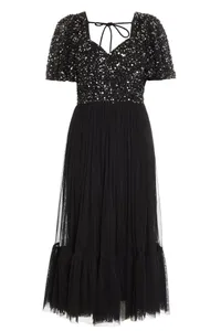 Quiz Clothing Black Sequin V Neck Midi Dress | $125.99/£89.99