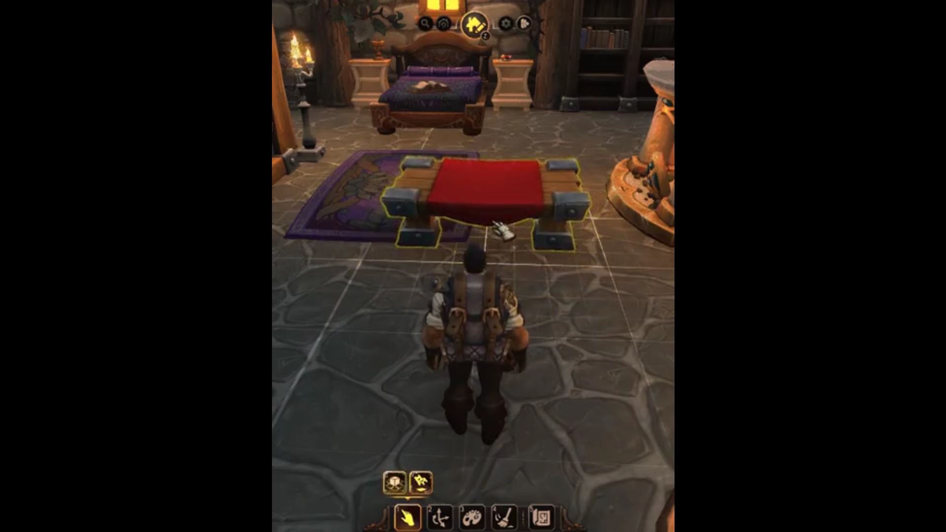 In-game screenshot of a player arranging furniture in World of Warcraft.