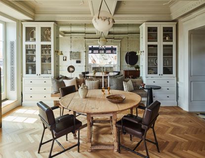 wire cabinets in a dining room