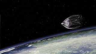 The RemoveDebris mission will fire a net at a target satellite (shown here ensnaring its target) to test how to drag space junk from orbit.