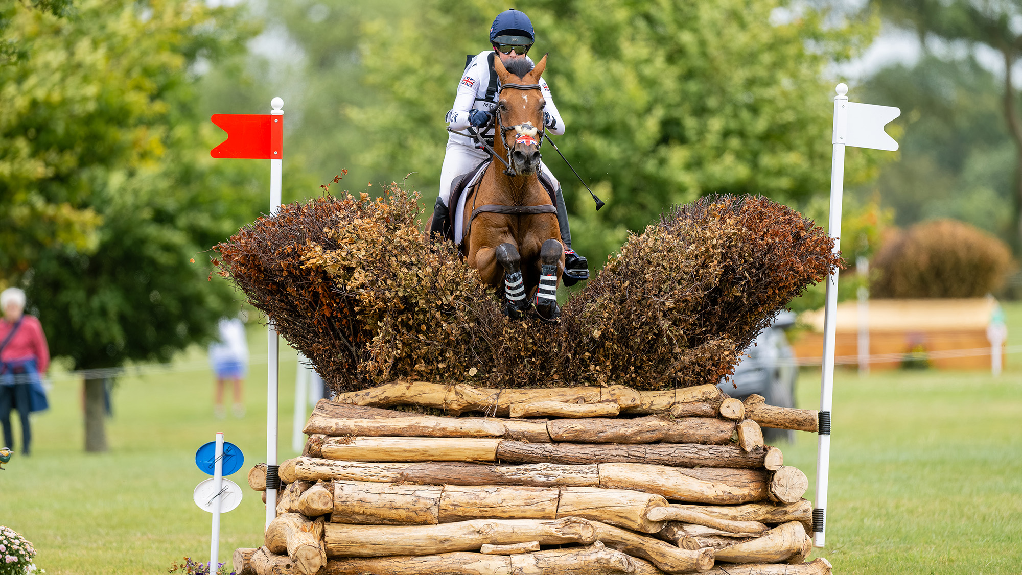Cerys Macaulay and Kananaskis jump a brush fence at the eventing under-25 World Championships at Millstreet, 2026