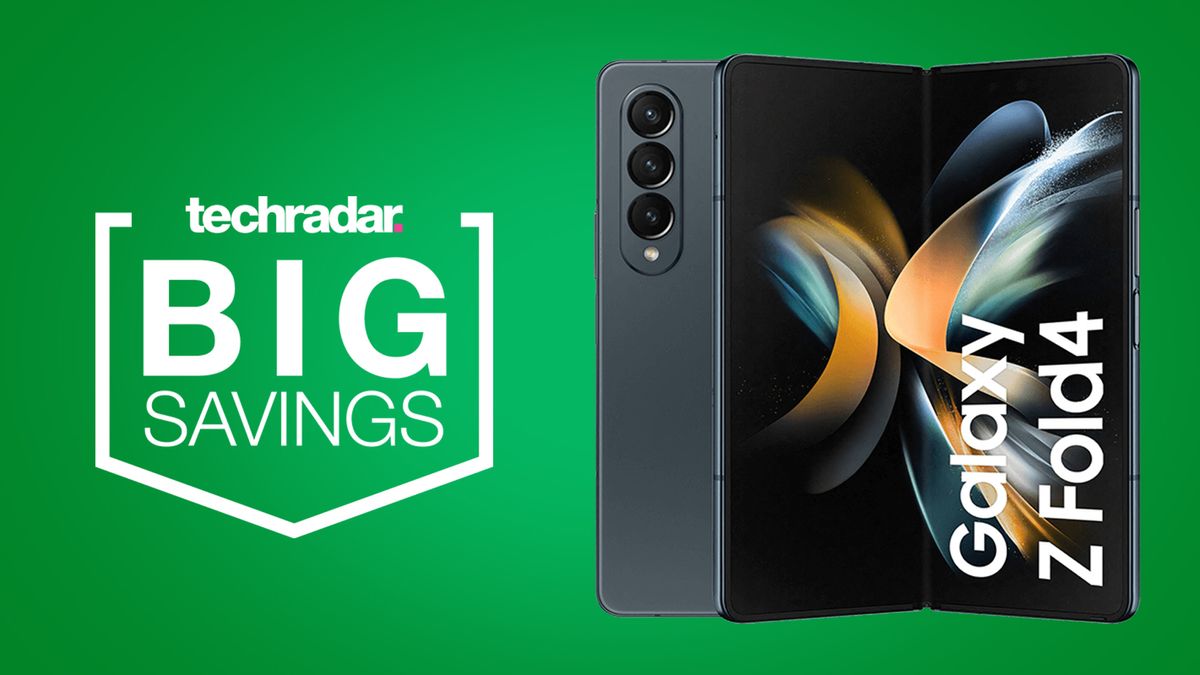 Samsung Galaxy Z Fold 4 on a green background with &#039;Big Savings&#039; badge