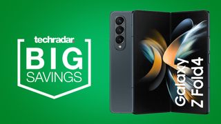Samsung Galaxy Z Fold 4 on a green background with 'Big Savings' badge