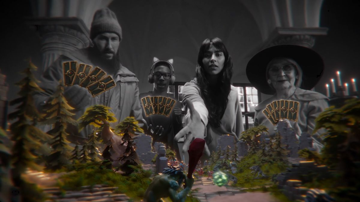 A mixed reality screen capture of four people playing Demeo x Dungeons &amp; Dragons Battlemarked