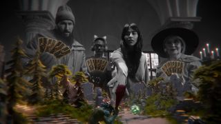 A mixed reality screen capture of four people playing Demeo x Dungeons & Dragons Battlemarked