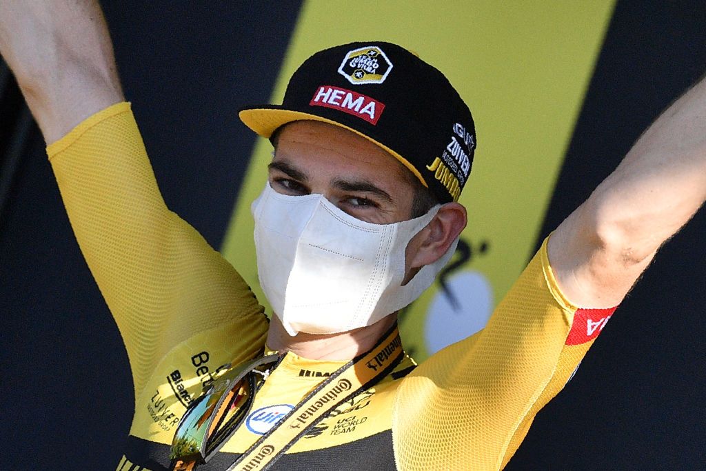 Stage winner Team Jumbo rider Belgiums Wout van Aert celebrates on the podium after winning the 5th stage of the 107th edition of the Tour de France cycling race 185 km between Gap and Privas on September 2 2020 Photo by AnneChristine POUJOULAT POOL AFP Photo by ANNECHRISTINE POUJOULATPOOLAFP via Getty Images