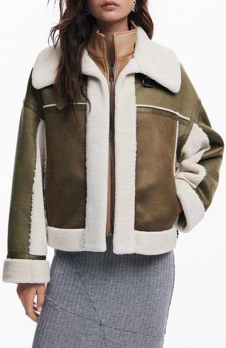 Edimurgo Faux Shearling Jacket With Faux Leather Bib