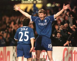 Tore Andre Flo celebrates with Gianfranco Zola after scoring for Chelsea against Barcelona in the Champions League, 2000