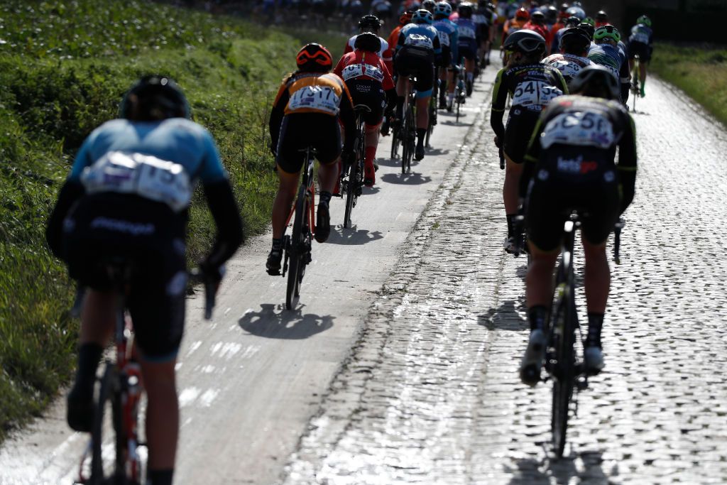 WEVELGEM BELGIUM OCTOBER 11 Olha Kulynych of Ukraine and Team Ciclotel Cobblestones Shadow Detail view during the 9th GentWevelgem In Flanders Fields 2020 Women Elite a 1414km race from Ieper to Wevelgem GentWevelgem FlandersClassic on October 11 2020 in Wevelgem Belgium Photo by Bas CzerwinskiGetty Images