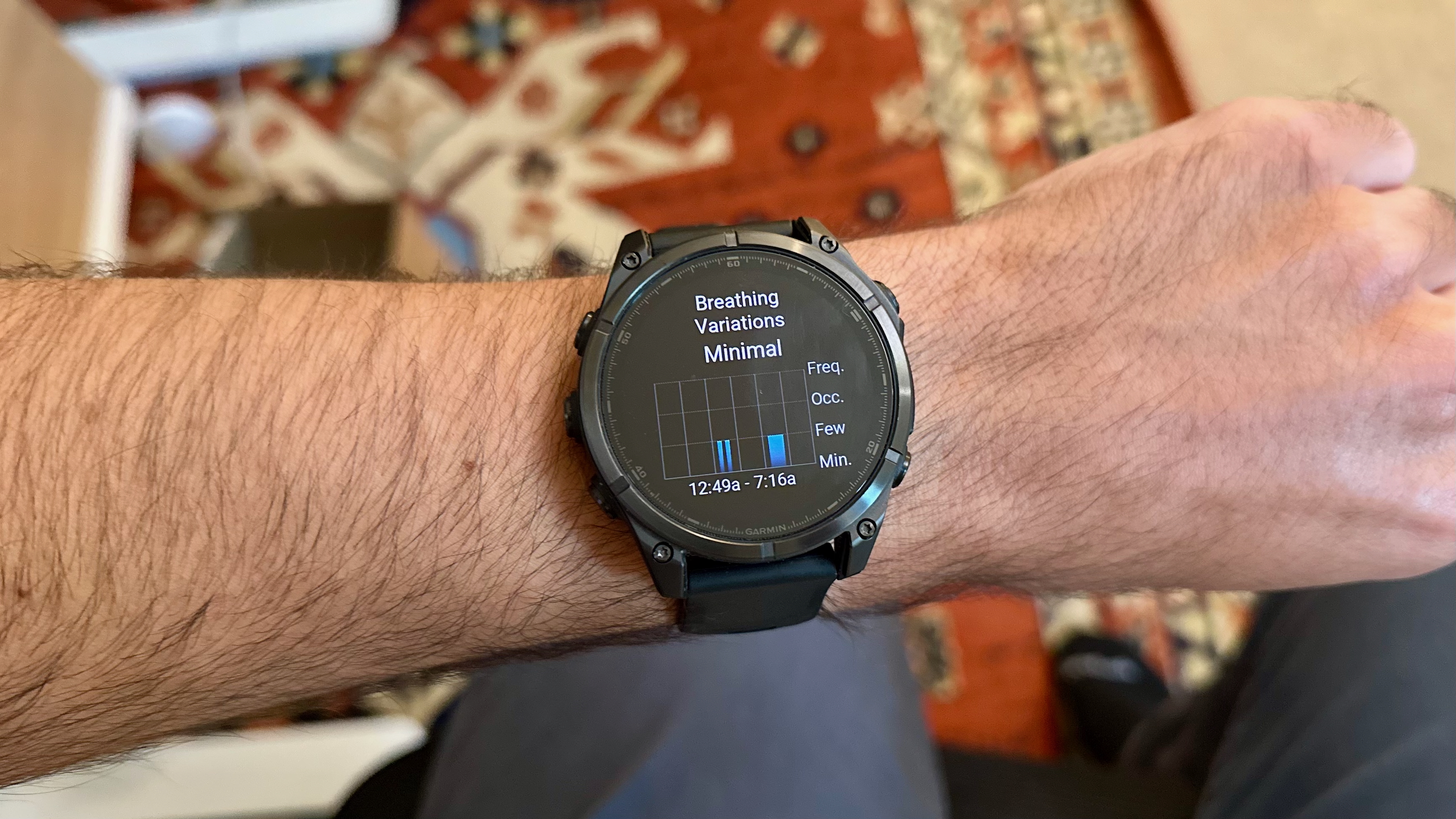 The Garmin Fenix 8 showing the Breathing Variations data screen in the Sleep Score data.