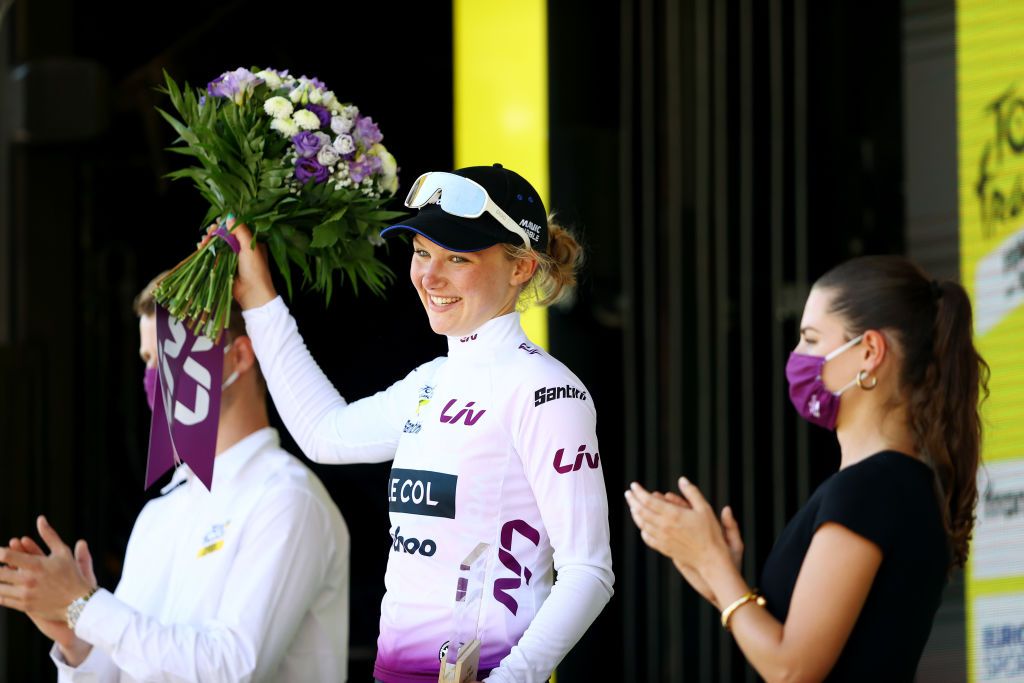 PARIS FRANCE JULY 24 Maike Van Der Duin of Netherlands and Team Le Col Wahoo celebrates at podium as White Best Young Rider Jersey winner during the 1st Tour de France Femmes 2022 Stage 1 a 817km stage from Paris Tour Eiffel to Paris Champslyses TDFF UCIWWT on July 24 2022 in Paris France Photo by Michael SteeleGetty Images