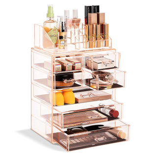A fully stocked set of acrylic storage drawers for makeup