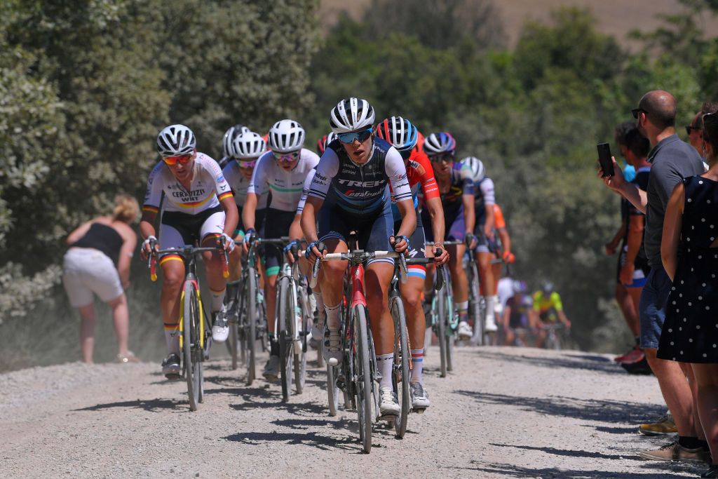 SIENA ITALY AUGUST 01 Ellen Van Dijk of The Netherlands and Team TrekSegafredo Women Christine Majerus of Luxembourg and Boels Dolmans Cyclingteam Lisa Brennauer of Germany and Ceratizit WNT Pro Cycling Team Dust Public Fans during the Eroica 6th Strade Bianche 2020 Women Elite a 136km race from Siena to Siena Piazza del Campo StradeBianche on August 01 2020 in Siena Italy Photo by Luc ClaessenGetty Images