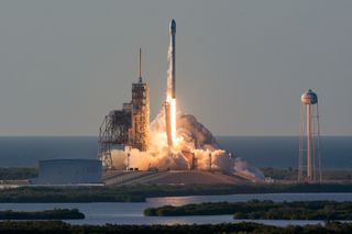 A privately built SpaceX Falcon 9 rocket lifts off with the Inmarsat-5 F4 communications satellite in a May 15, 2017 launch from NASA's Kennedy Space Center in Cape Canaveral, Florida.
