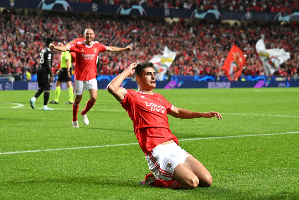 Antonio Silva of Benfica celebrates after scoring their team's first goal during the UEFA Champions League group H match between SL Benfica and Juventus at Estadio do Sport Lisboa e Benfica on October 25, 2022 in Lisbon, Portugal.
