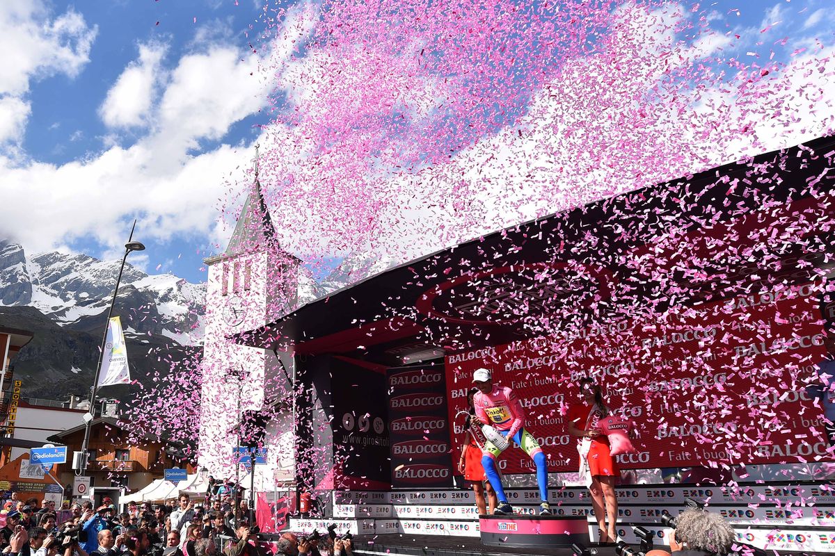 Alberto Contador (Tinkoff-Saxo) celebrates on the Giro podium
