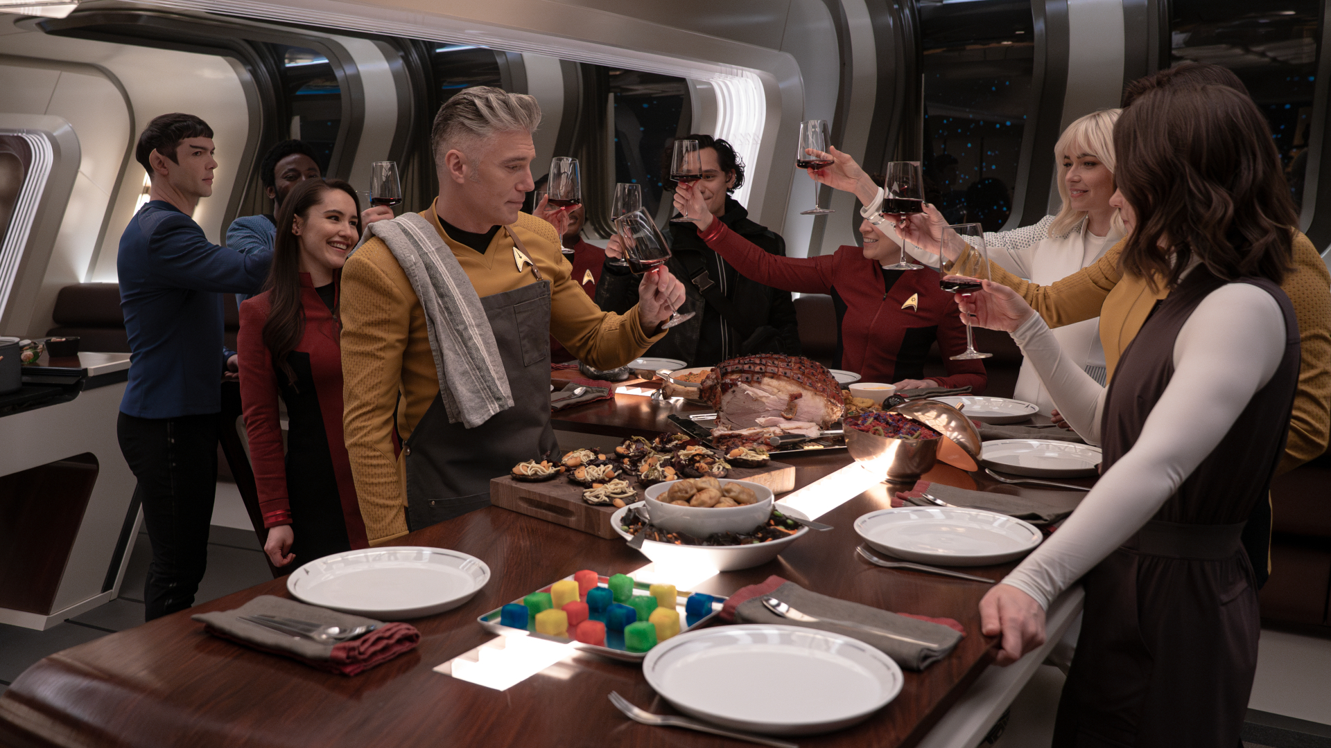 L to R: Ethan Peck as Spock, Babs Olusanmokun as Dr. M'Benga, Christina Chong as Laâan, Anson Mount as Capt. Pike and Jess Bush as Chapel in season 3, Episode 7 of Strange New Worlds streaming on Paramount+.