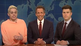 Side by side by side of Pete Davidson, Seth Meyers and Colin Jost doing segments at Saturday Night Live's Weekend Update. 
