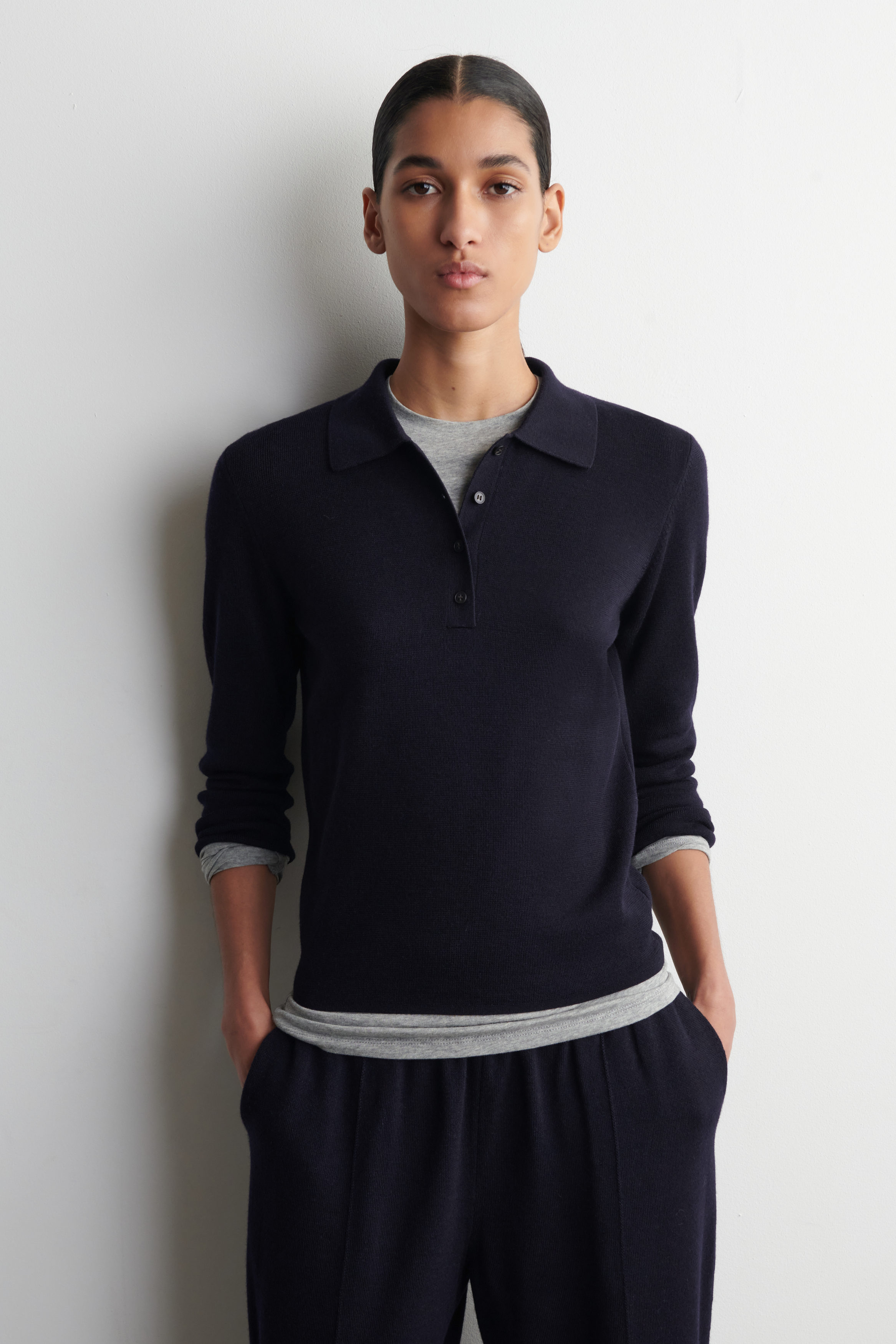 Cropped-Sleeve Merino Wool Polo Shirt