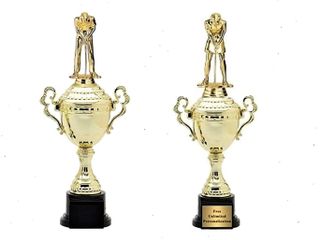 Male and female golf trophies