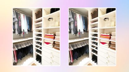 Organized closet on pastel background
